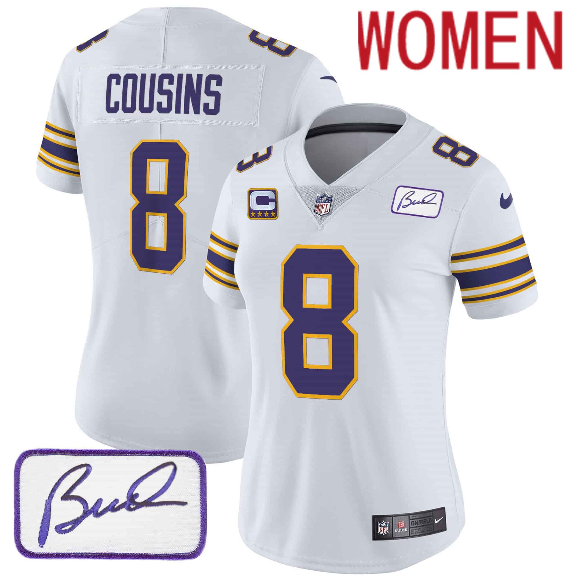 Women Minnesota Vikings 8 Cousins White 2024 Nike Bud Grant Patch Classic Limited NFL Jersey